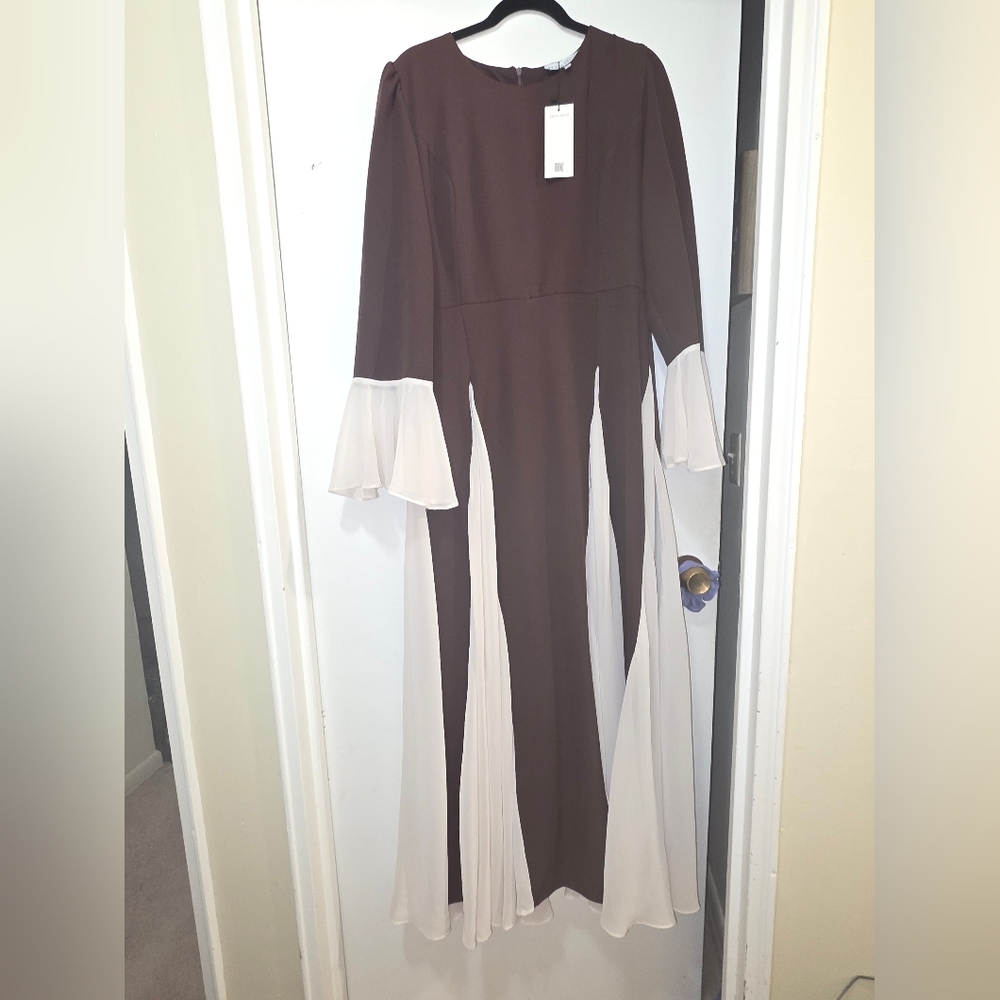 Brown and Cream Maxi Dress with Bell Sleeves